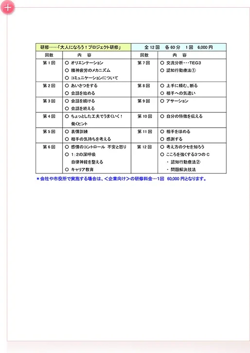 大人になろう！プロジェクト研修 全12回各60分1回6000円